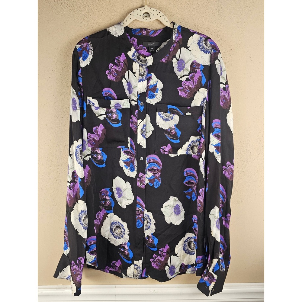 J Crew Womens Silk Blend Violet‎ Poppy Play Black Vicki Shirt Blouse 14T 14 Tall